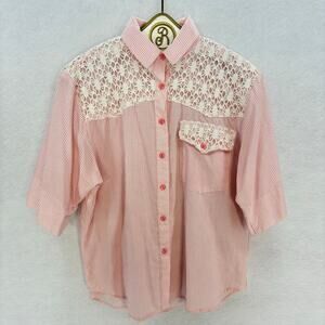 Tap & Co Button Down Blouse Women MEDIUM Petite Pink Striped Lace Vintage 90s